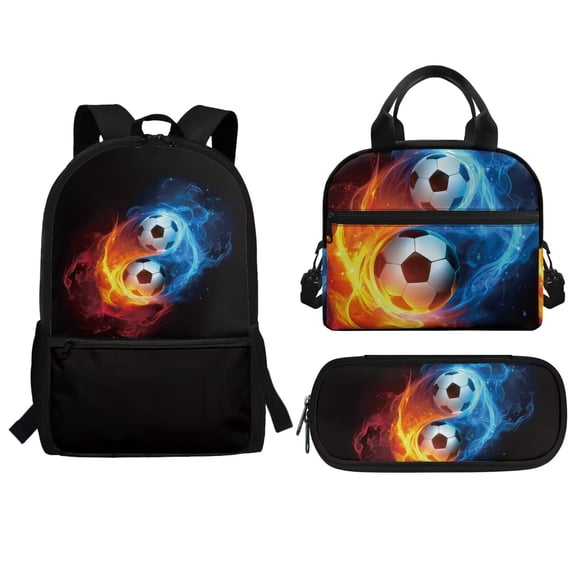FUIALDOLG School Backpack Set 3PCS, 17 Inch Kids Bookbag with Lunch Box and Pencil Case for Elementary Middle School Students Ice Flame Soccer Print
