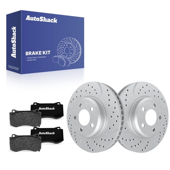 AutoShack Front Vented Drilled & Slotted Coated Brake Rotors Silver Matte Finish   Ceramic Pads 6-PC Brake Kit Replacement for 2015-2019 Dodge Challenger 2012 Dodge Charger TurboGuard 12.6" (320 mm)