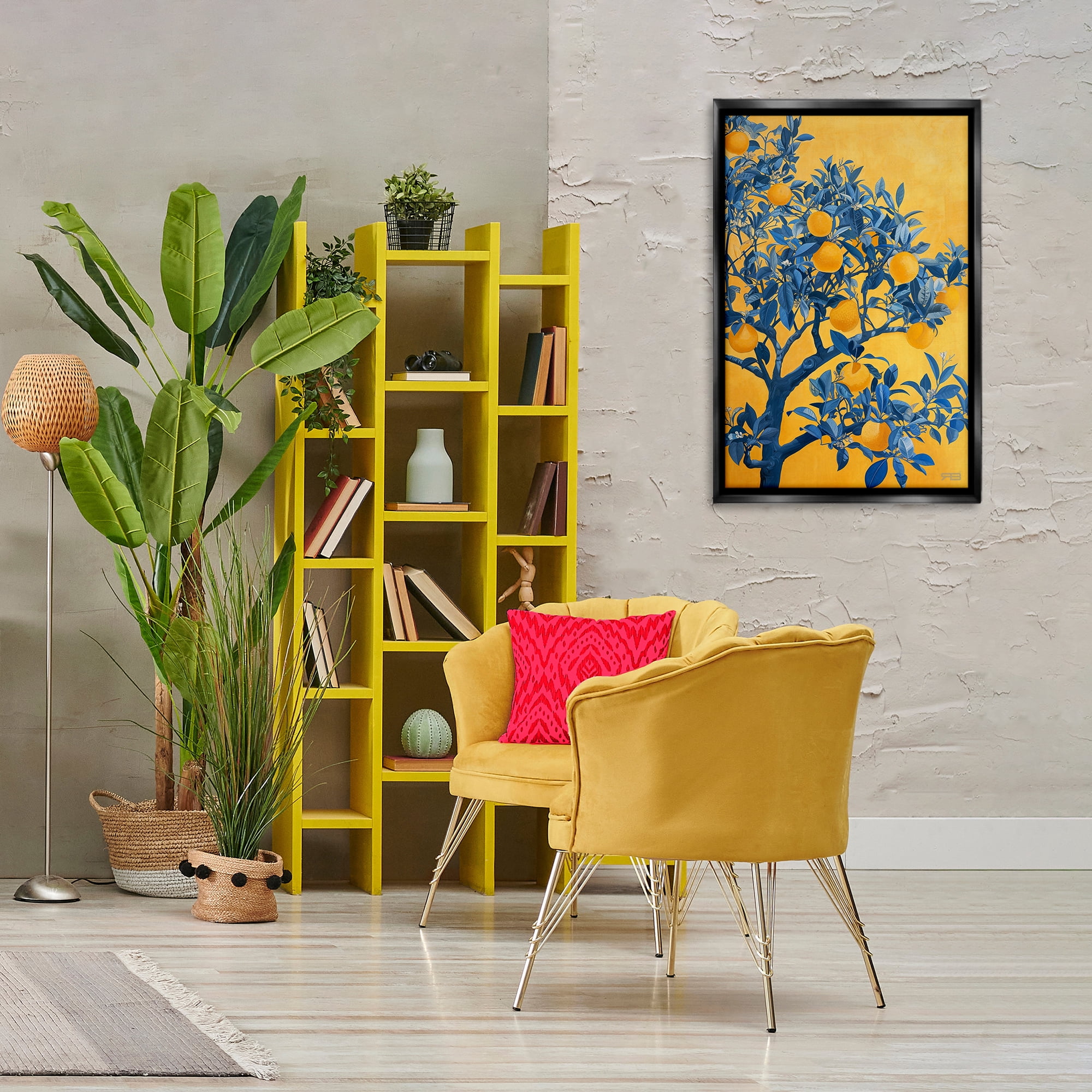 Stupell Industries Lemon Tree on Orange Food & Beverage Painting Black Floater Framed Canvas Art Print Wall Art, 21 x 31
