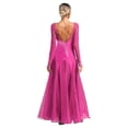 thumbnail image 2 of Alvivi Robes de Danse de Salon à Strass Pailletés pour Femmes Manches Longues en Maille Transparente Robe de Danse Moderne Rose Vif S, 2 of 7
