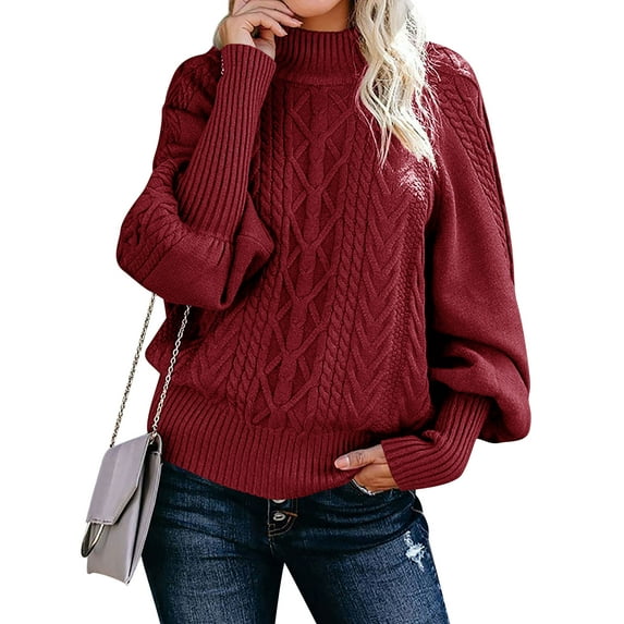 Xuanfei Women Solid Color Mock Neck Lantern Sleeve Cable Knit Sweater