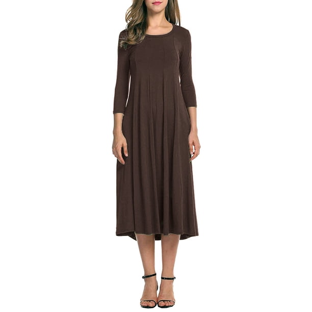Qarigey Vestido de mujer Cuello Otoño Vestido de mujer Traje de cuello Media manga Vestido de columpio grande Vestidos Marrón SG