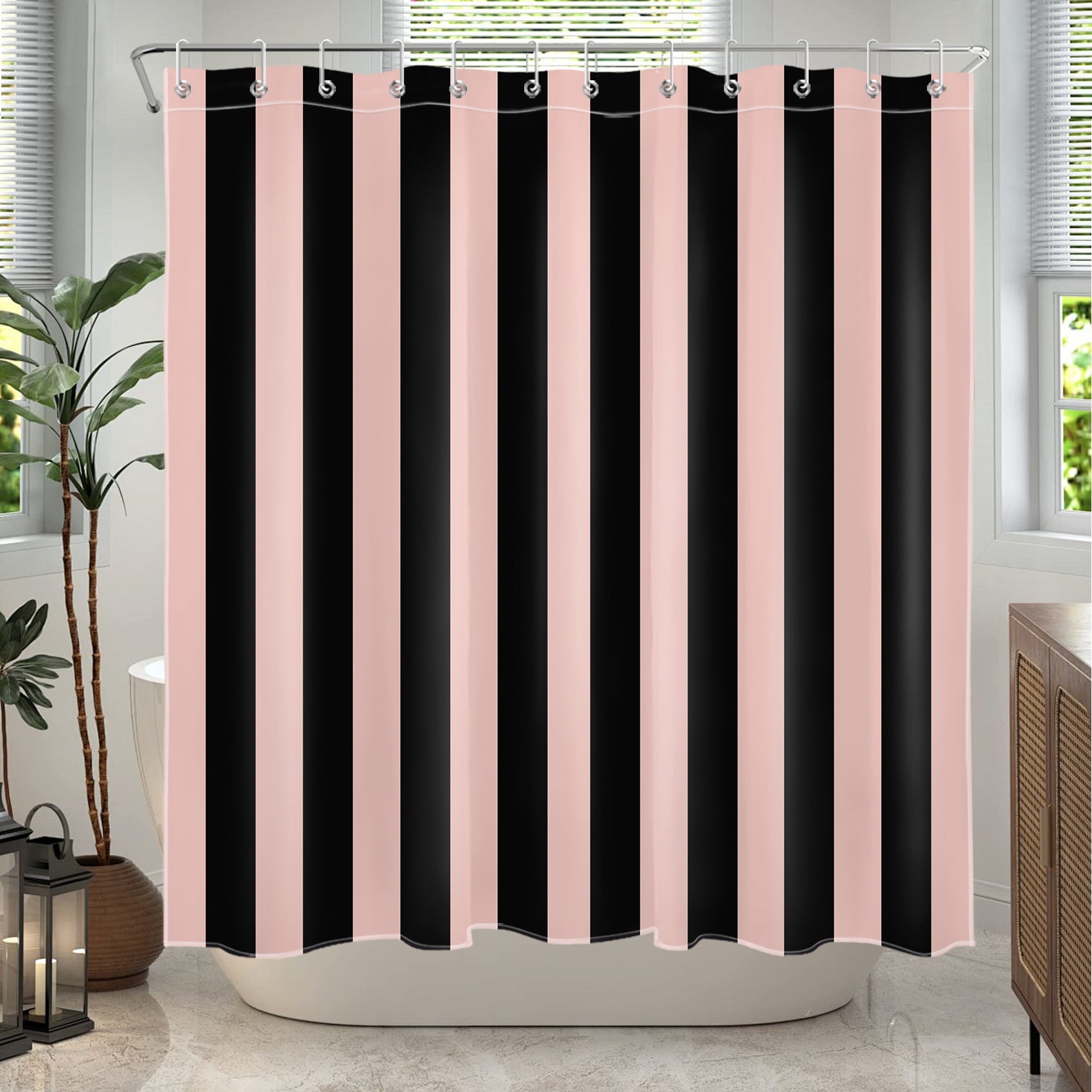 NEONWE Black and Pink Striped Shower Curtain, Modern Watercolor Stripe Waterproof Bathroom Shower Curtain with Hooks, Machine Washable, 72" x 72"