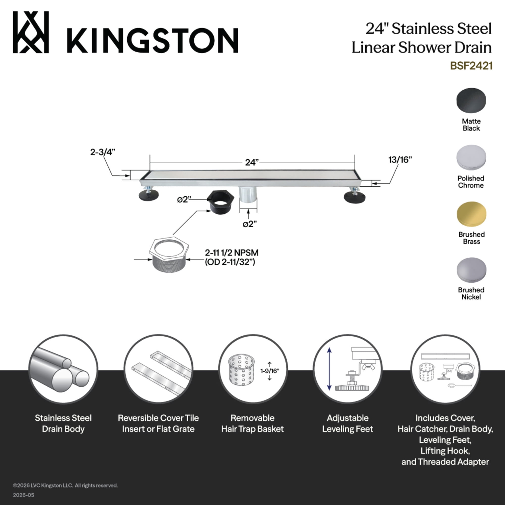 Kingston BSF2420 Watercourse 24-Inch Stainless Steel Linear Shower Drain with Reversible Tile Insert and Flat Grate in Matte Black