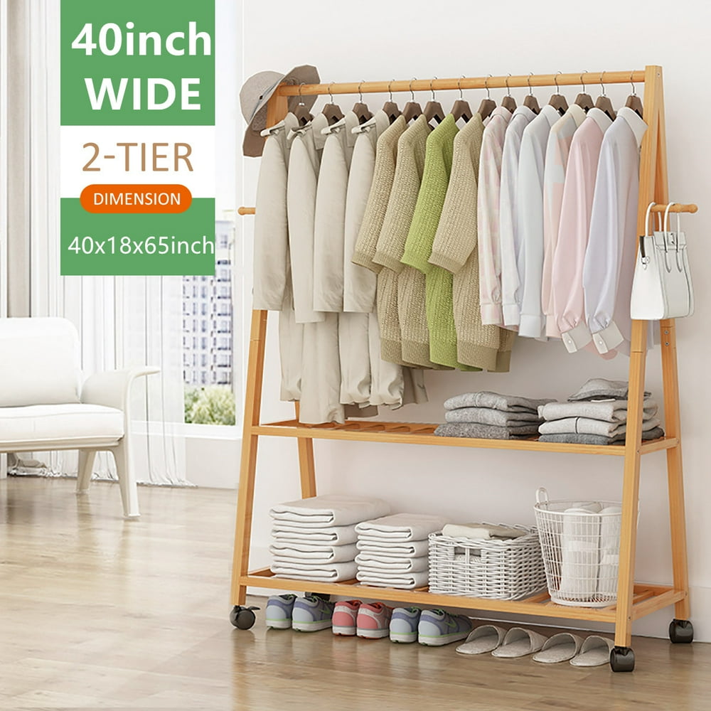 Wood Clothes Rack on Wheels Rolling Garment Rack with 2Tier Storage