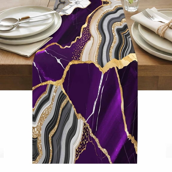 Purple Marble Table Runner - 60 Inch Long, Kitchen Dining Table Runner Dresser Scarves, Grey Gold Texture Vintage Farmhouse Art Farmhouse Decor for Coffee Tables Wedding Party Banquet