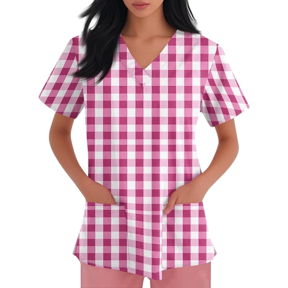 Scrub Tops Women Plus Size V-Neck Short Sleeve Classic Plaid Women Shirt Nursing Uniforms with Pocket