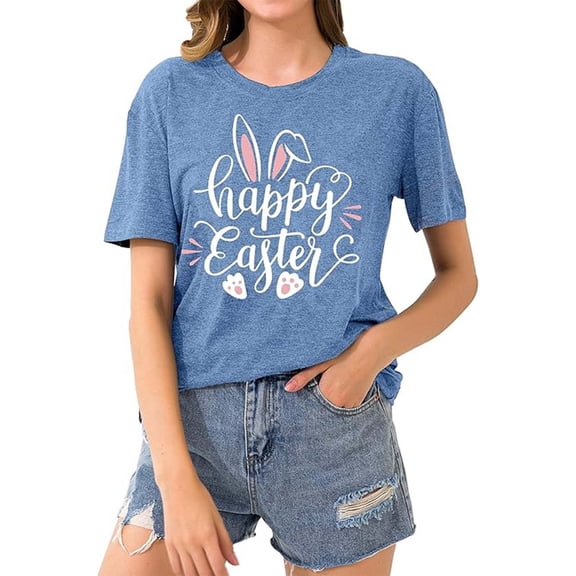 Easter Shirts for Women Easter Bunny Letter Print Casual Fashion Short Sleeve Tops Holiday Loose Fit Clothes