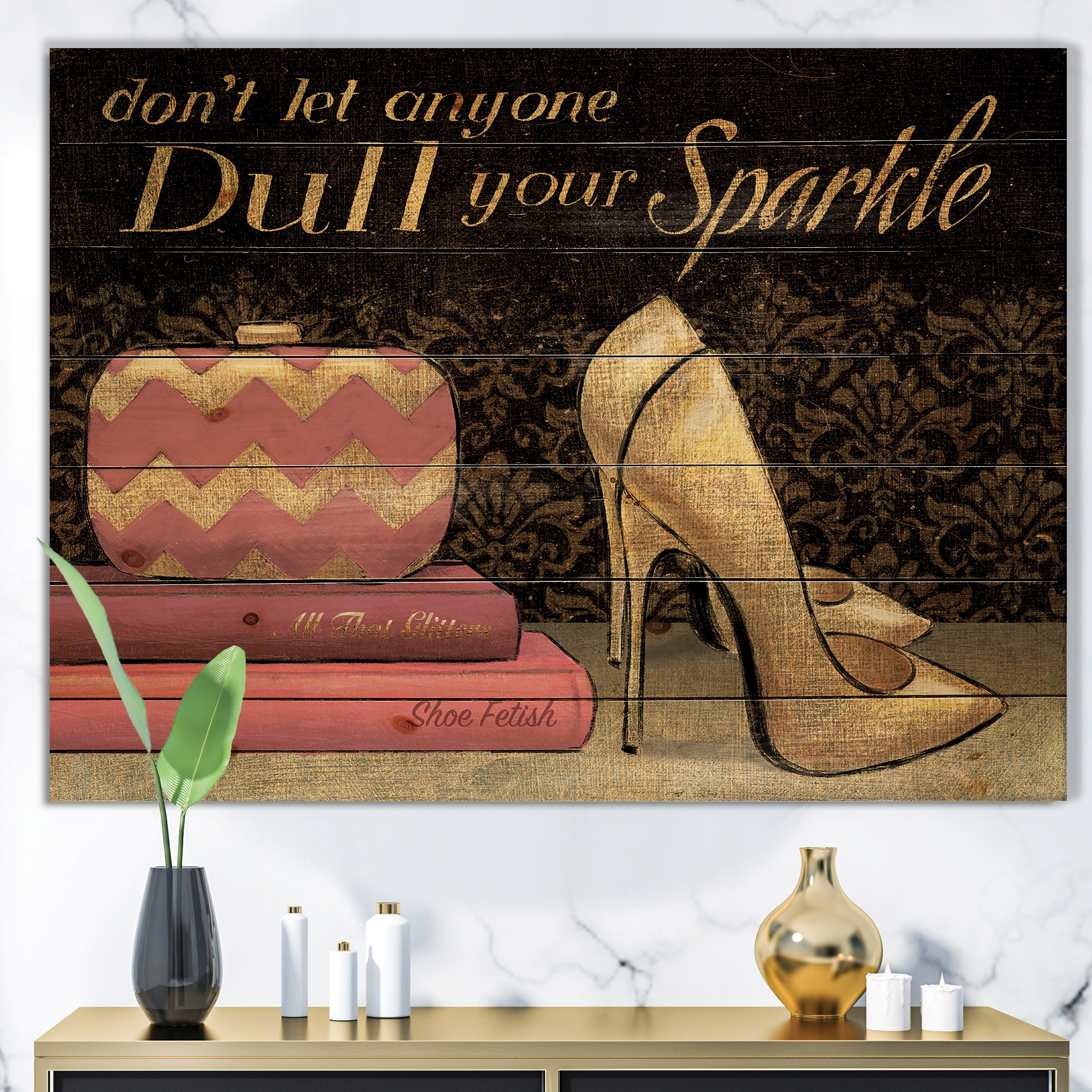 Designart 'Gold Glam and Fashion High Heels IV' Fashion Print on Natural Pine Wood