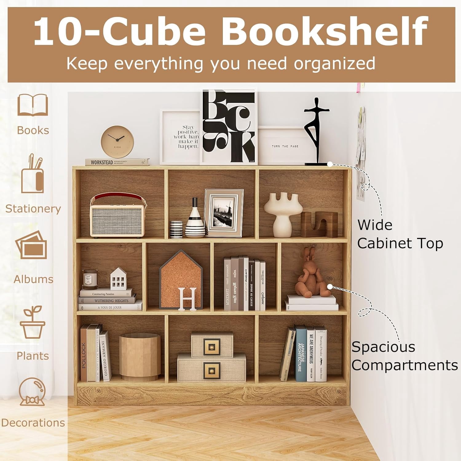 HJTER 10-Cube Bookshelf, 47.5”L Floor Bookcase with 2 Anti-Tipping Kits, Freestanding Storage Organizer, 4-Tier Display Shelf for Home, Office & Dorms (Natural, 10-Cube)