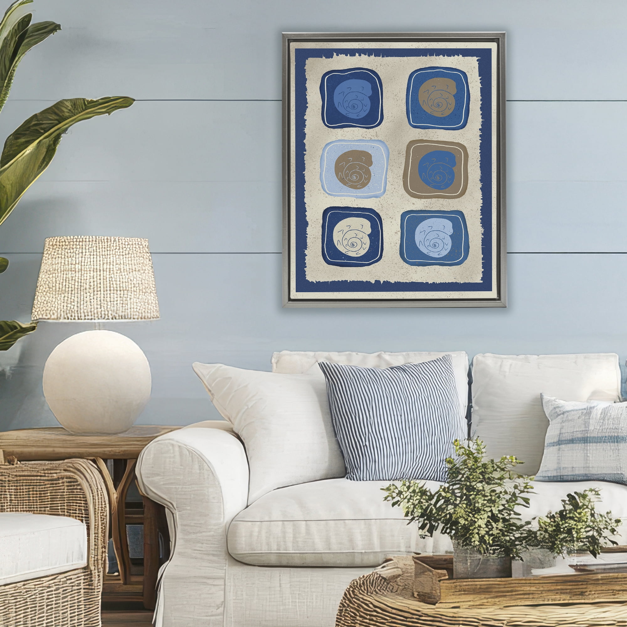 Stupell Industries Blue Blocked Nautilus Gray Framed Floater Canvas Wall Art, design by Julia Frost
