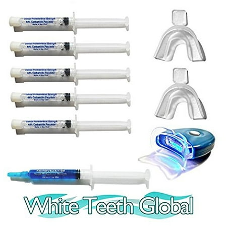 - Teeth Whitening Kit with 5 syringes of 44% Tooth Bleaching Gel with trays, Remineralization Gel and LED Accelerator Light