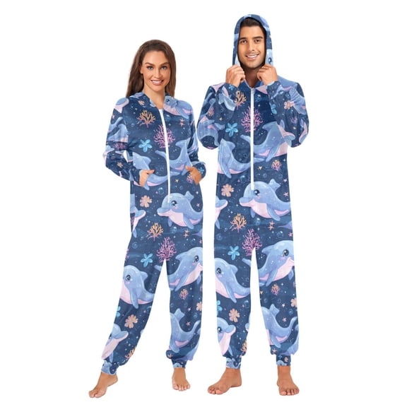 Adult Christmas Onesie Corals and Dolphins Adult Zipper One-Piece Pajamas Unisex Pajamas with Pockets