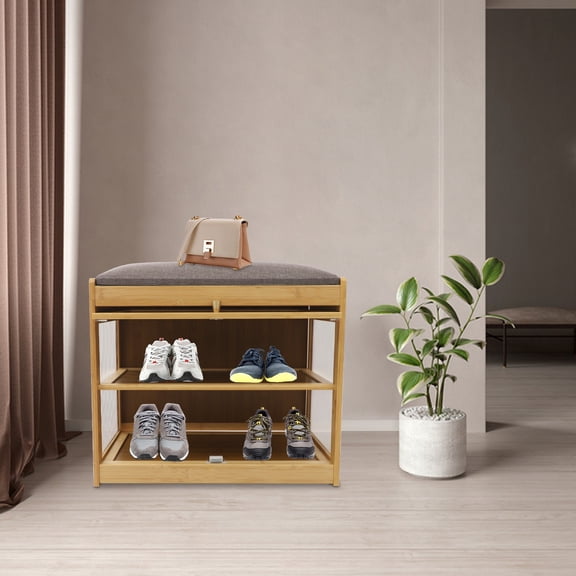 2 Tiers 50cm Entryway Shoe Bench Shoe Rack Bench with Cushion Shoe Rack Bench Log Color for Entrances, Hallways, Bedroom