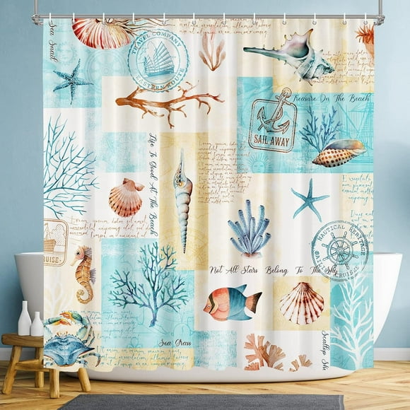 Shower Curtain Seahorse, Seashell Starfish Shower Curtains for Bathroom with Hooks, Polyester Fabric Shower Curtain Sets Machine Washable Waterproof Modern Bath Curtain Decor