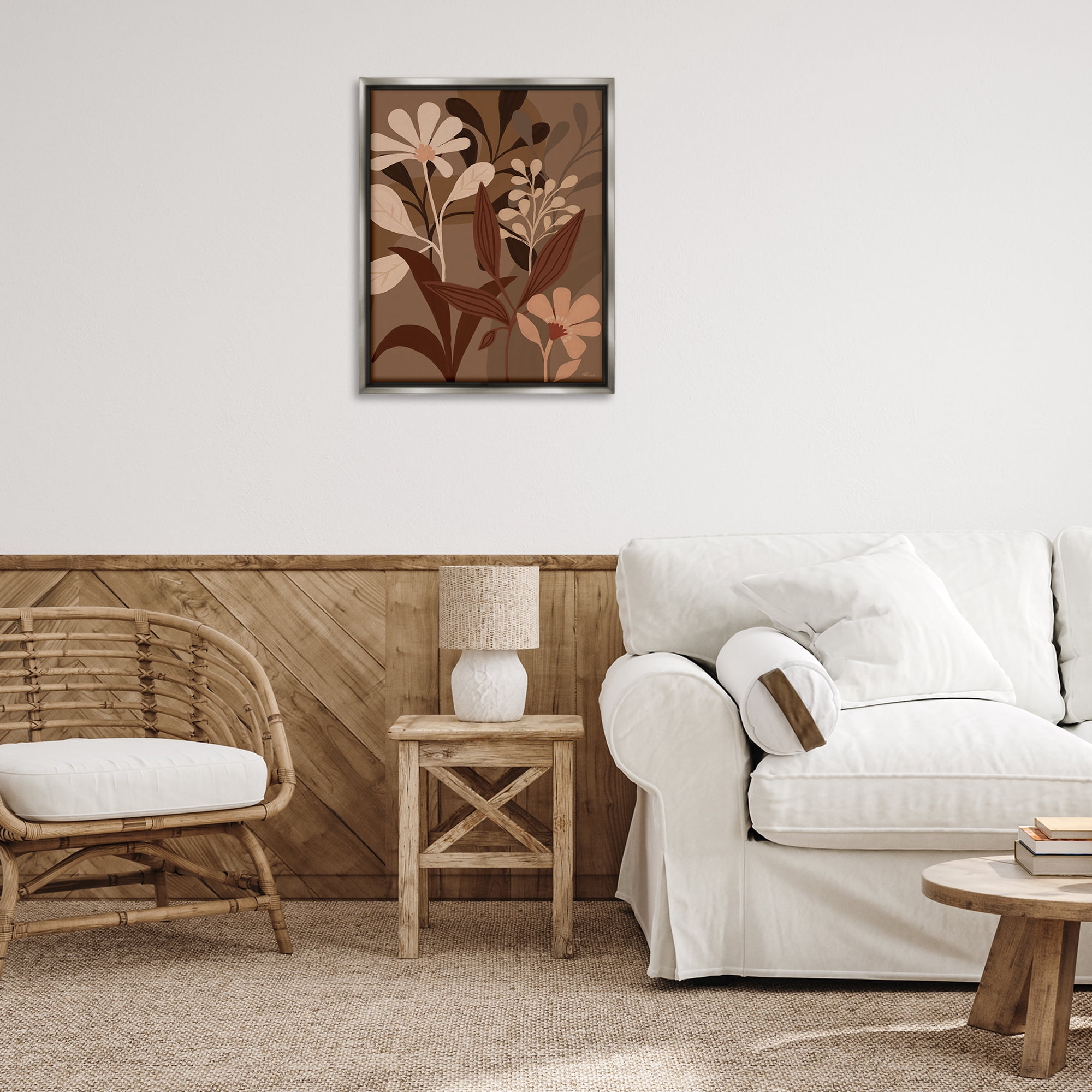 Stupell Industries Muted Boho Botanicals Plants & Flowers Painting Gray Floater Framed Canvas Art Print Wall Art, 25 x 31