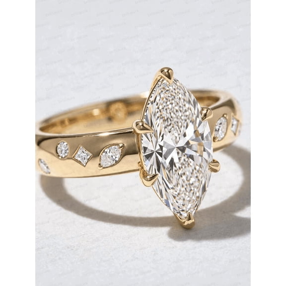 Brilliaura 2.50CT Marquise Lab Grown Diamond Flush Set Engagement Ring for Women 10k Yellow Gold Ring Size 4