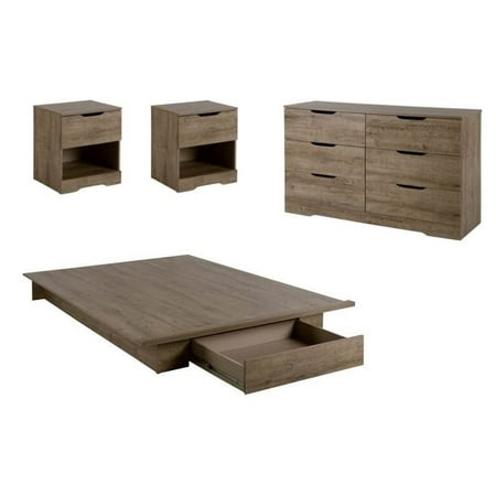 4 piece bedroom set with dresser, bed, and set of 2 nightstand in weathered  oak