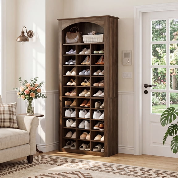 Finmind 71" H Tall Shoe Cabinet, 30-Cube Large Capacity Shoe Organizer with Arched Display Shelf