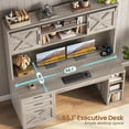 thumbnail image 7 of 55.1" Farmhouse Computer Desk with 3 Drawers and Storage Shelves, Home Office Desk with Hutch and LED Lights, 7 of 7