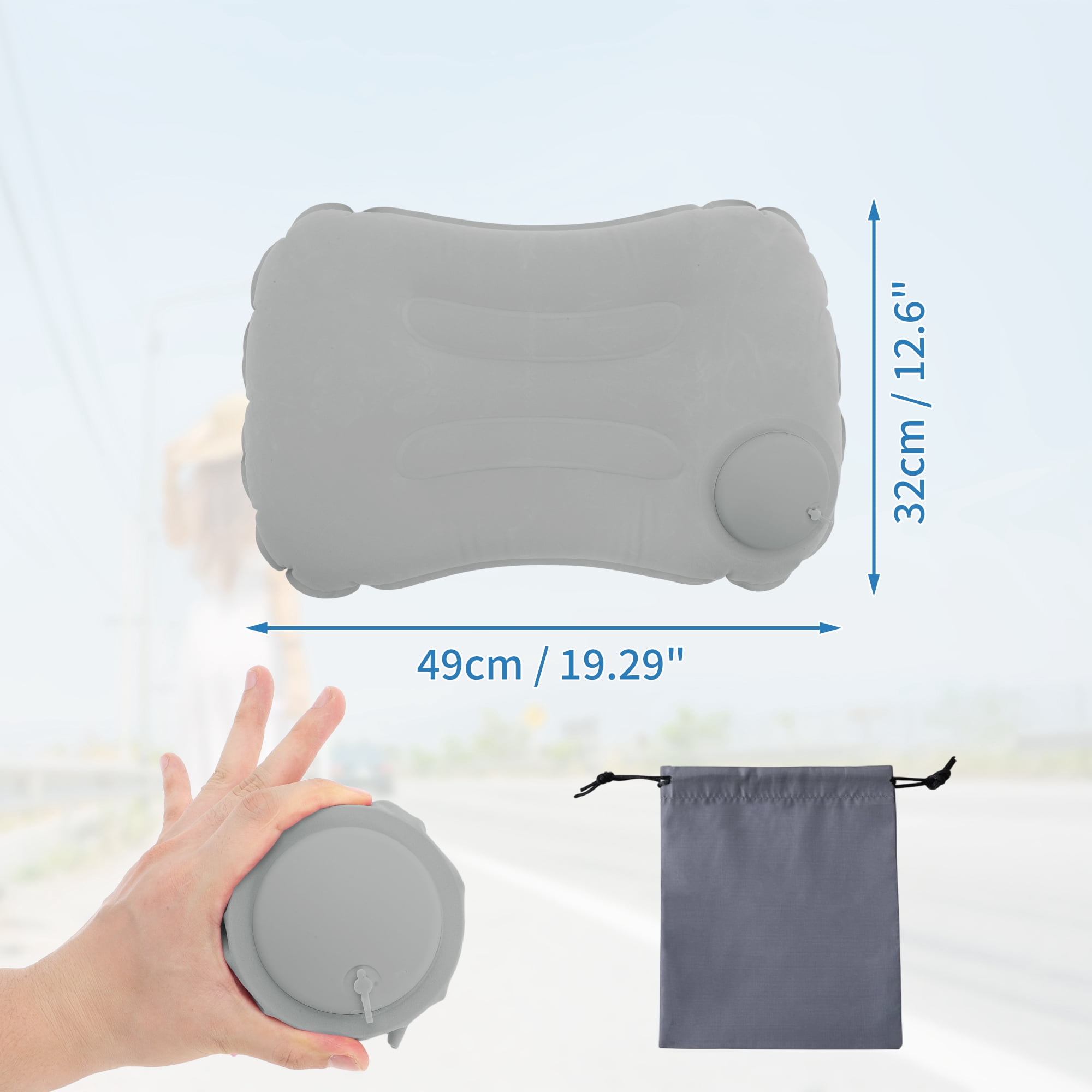 Unique Bargains Travel Pillow Press to Inflate Neck Pillow Light Gray 19.29"x12.6"