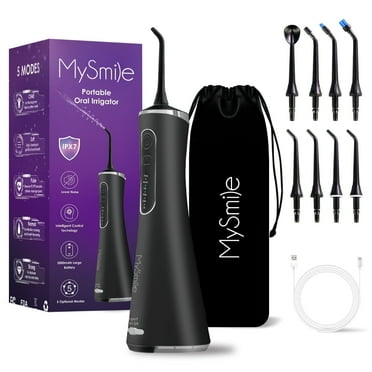 MySmile LP211 Cordless Portable Water Flosser for Teeth Cleaning, Oral Irrigator, Electric Water Dental Picks, 5 Modes, 8 Jet Tips, Travel Bag, Black