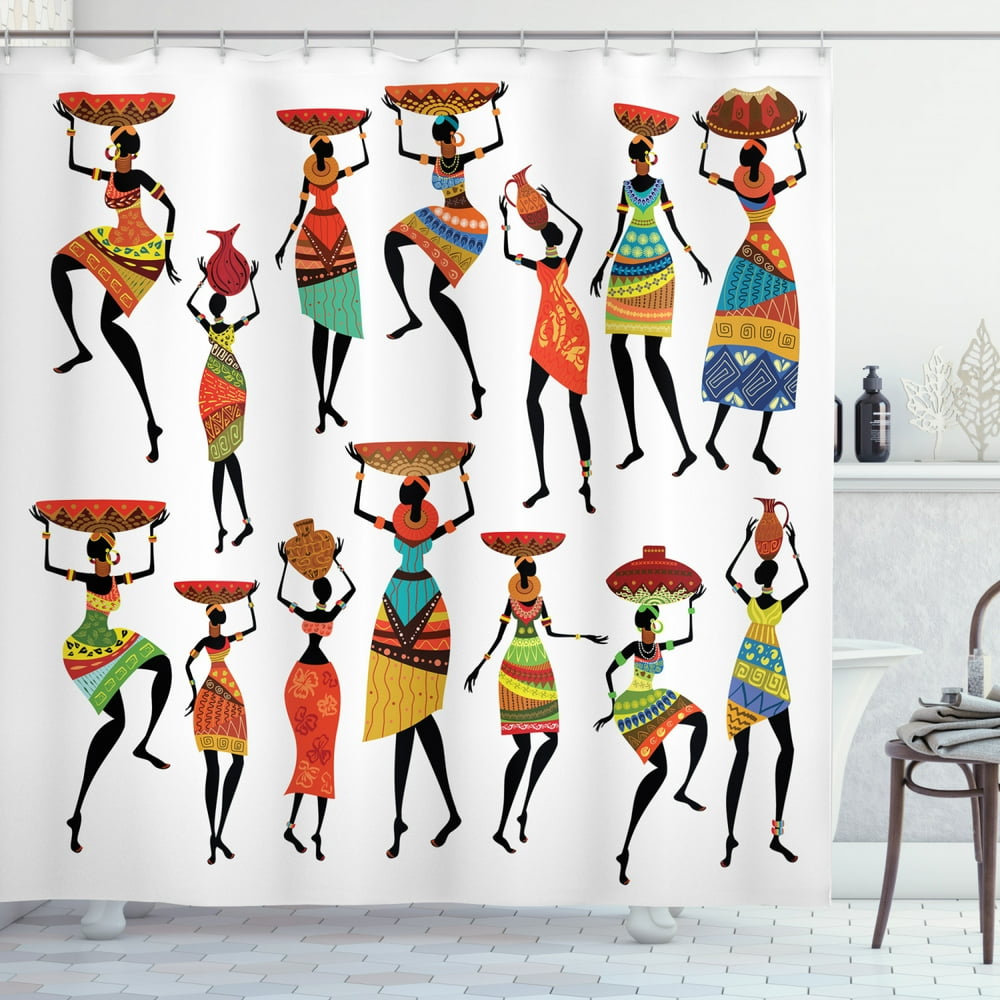African Shower Curtain, Pattern of Cool African Women Carrying Some