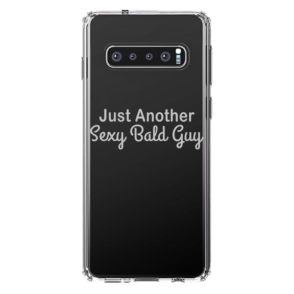 DistinctInk Clear Shockproof Hybrid Case for Samsung Galaxy S10+ PLUS (6.4" Screen) - TPU Bumper Acrylic Back Tempered Glass Screen Protector - Just Another Sexy Bald Guy