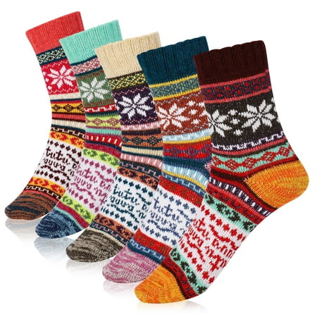 

LEZMORE 5 Pairs Thick Knit Winter Socks Stripe Wool Socks for Women Wool Vintage Socks for Indoor Warmth Warm Thick Thermal Soft Wool Socks Boot Socks for Women Indoor Warming Christmas Gifts