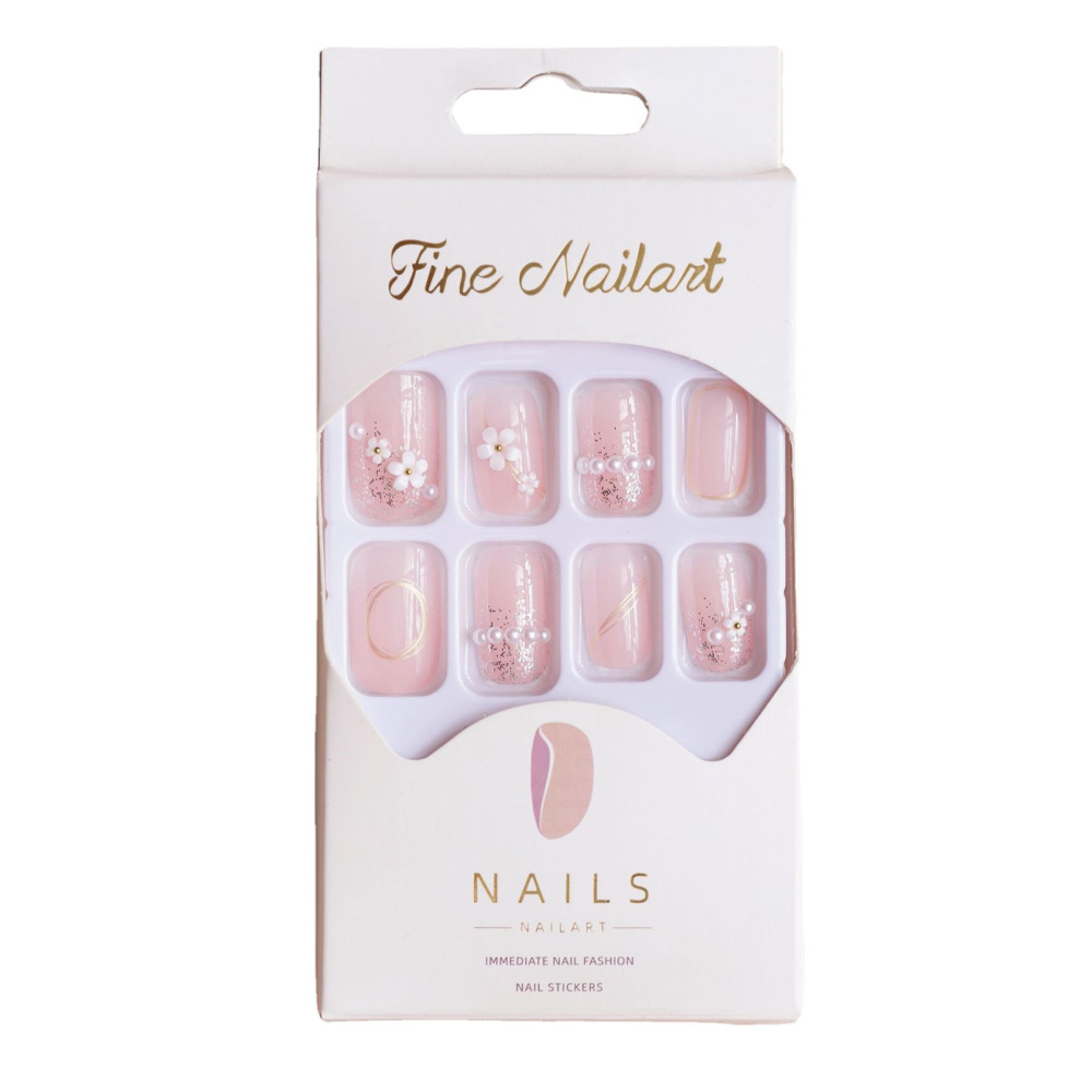 Reusable Square Press on Nails Pink Fake Glue on Nails Mini Flower Nail