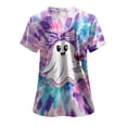 thumbnail image 4 of Mnuaqn Halloween Tops for Women Plus Size V Neck Short Sleeve Nurse Scrubs Pumpkin Bat Print Medical Uniform with Pockets Light Purple,Size S, 4 of 7