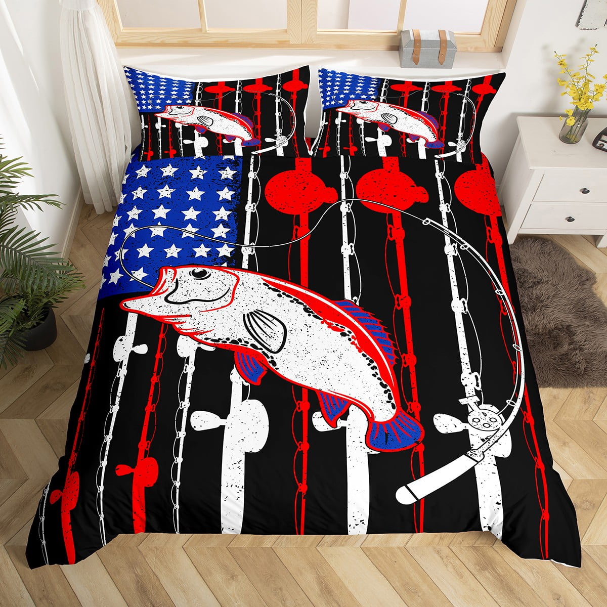 Fishing Rod Duvet Cover United States Flag Fishing Bedding Set for Man Boys, Fish Hook and Line Comforter Cover Fishing Lures Angling King Bed Set,Red  Blue USA National Flag Fishing Line Room Decor 