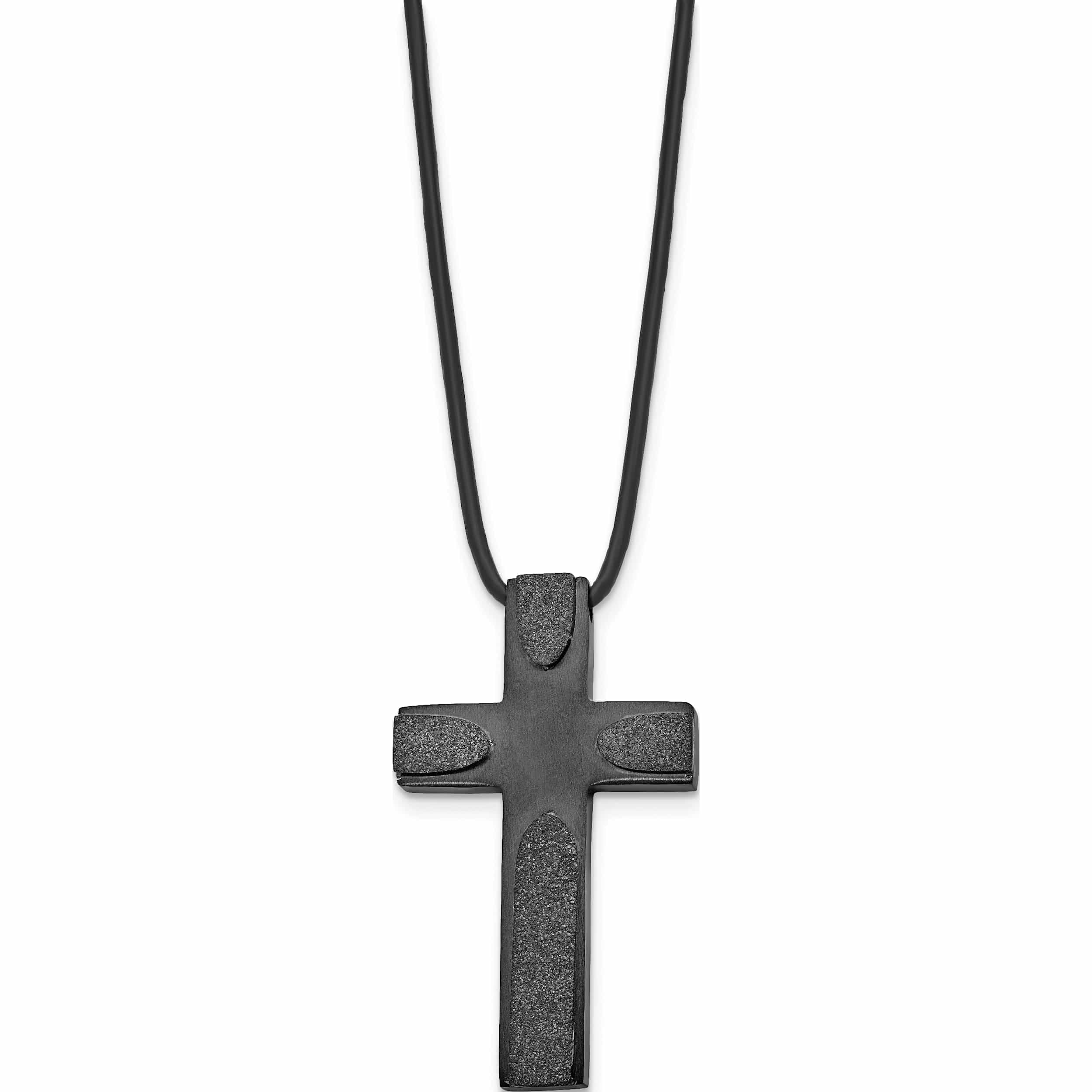 Stainless Steel Brushed Lasercut Blk Ip Cross 20In Leather Cord Necklace (20 X 25.5) Made In China -Jewelry By Sweet Pea