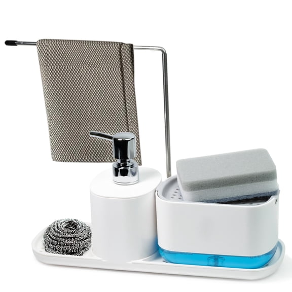 4-in-1 Hand and Dish Soap Dispenser Set - Kitchen Soap Dispenser with Sponge Holder and Plastic Tray - Countertop Organizer - Useful Kitchen Gadgets