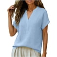 thumbnail image 6 of ClodeEU Women's Linen Blend V Neck Short Sleeve Top ,Loose Fit Casual Button Blouse Sky Blue,Womens Plus L, 6 of 6