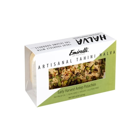 Emirelli Artisanal Halva Dessert - Authentic Middle Eastern Candy Turkish Sweets - Vegan Candy 55%-Tahini Halwa - Halvah Traditional International Sweets - Harvest Antep Pistachios Flavor  Pack of 1