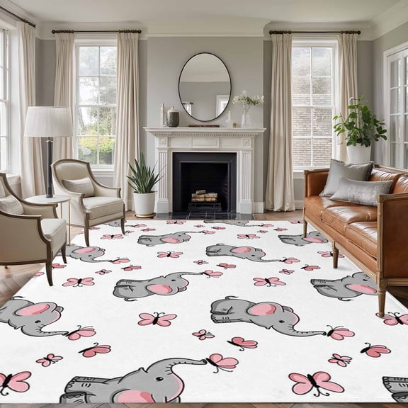 Non-Slip Rug Pad Rugs Cartoons Little Elephants Rectangle Area Rugs 9x12Ft Soft Carpet Pads for Living Room Kids Room, Modern Pink Butterflies