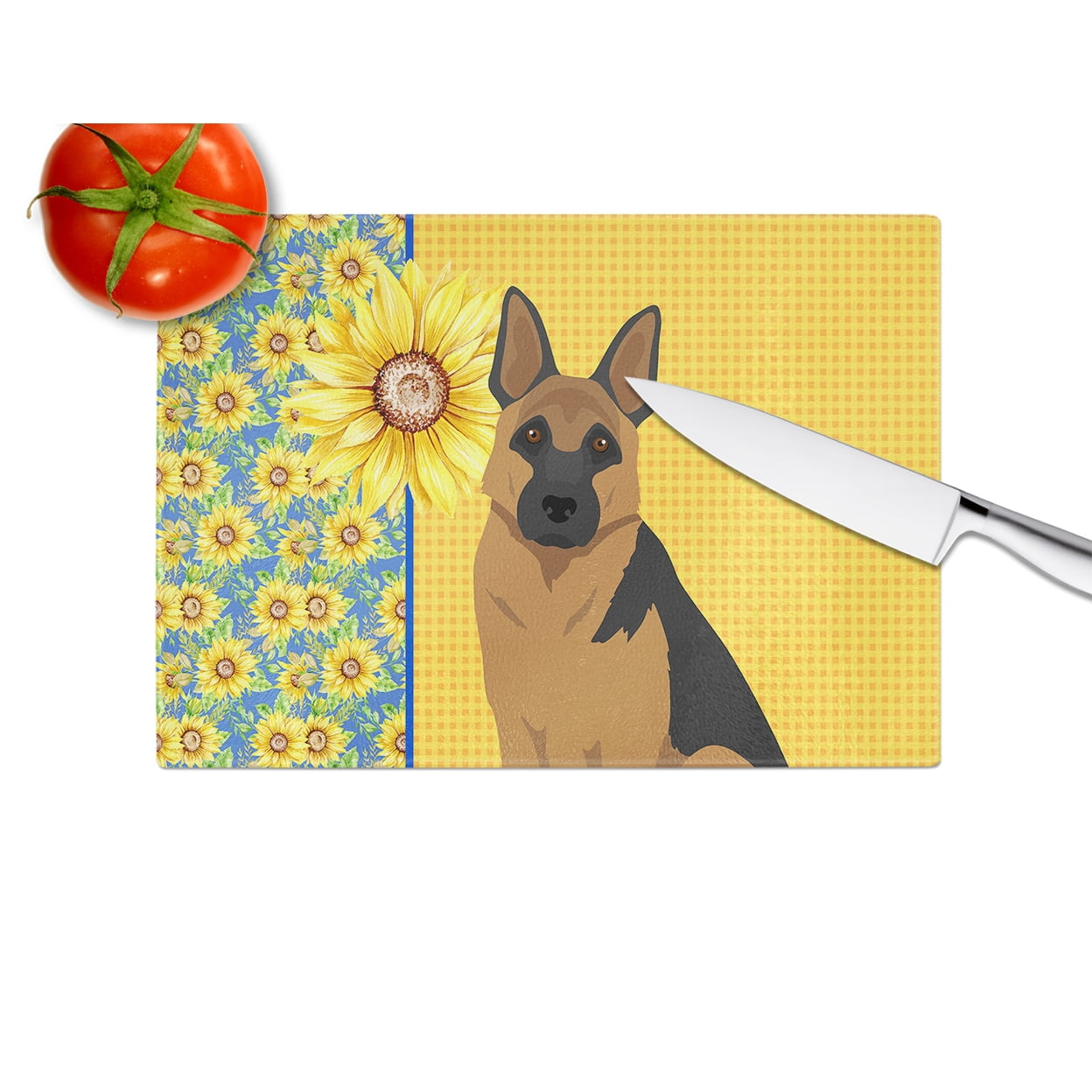 Summer Sunflowers Black and Tan German Shepherd Glass Cutting Board Large 12 in x 15 in