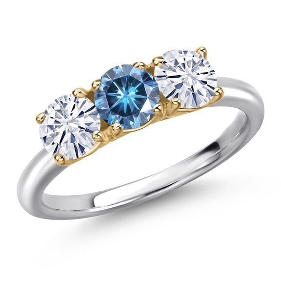 Gem Stone King 925 Silver and 10K Yellow Gold Persian Blue Moissanite and White Moissanite Engagement Ring for Women | 1.50 Cttw | Round 5MM | Gemstone Birthstone | Size 9