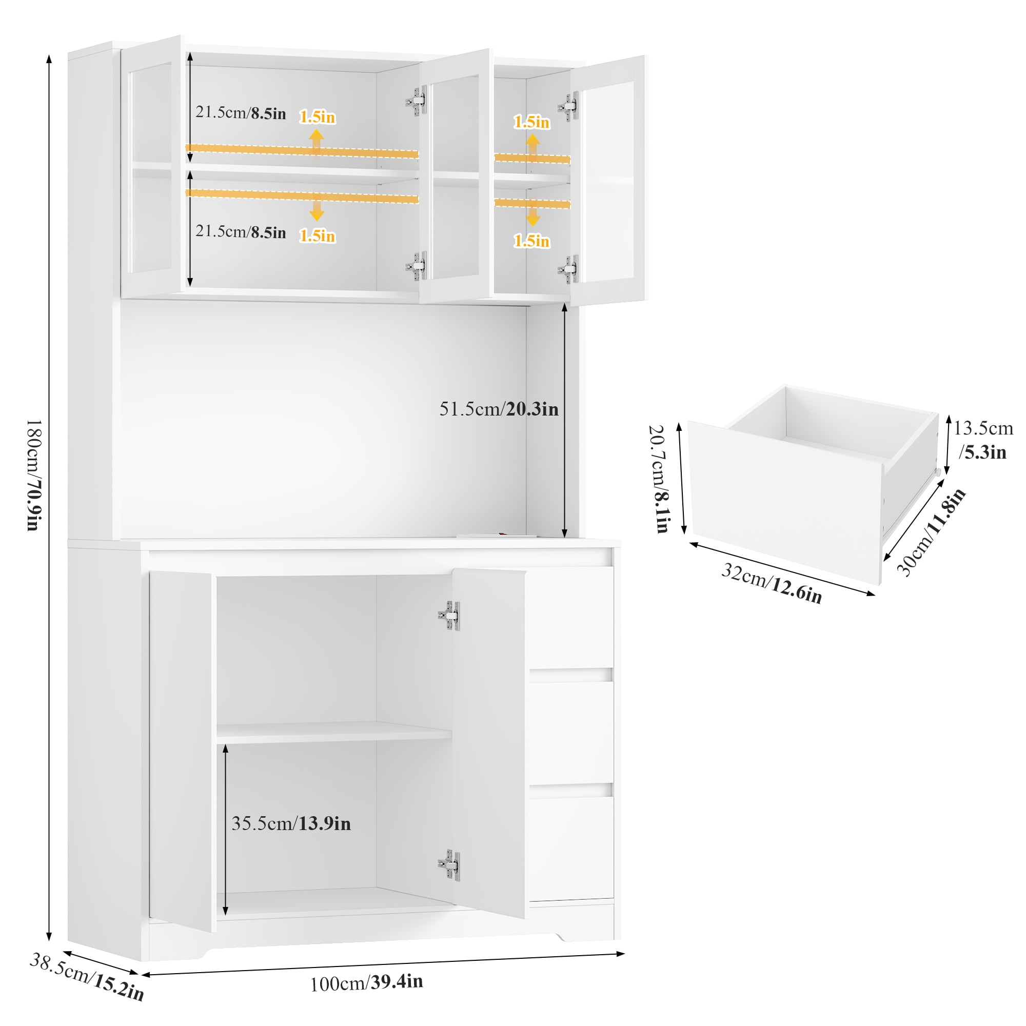 Homfa 70.9'' Kitchen Pantry Cabinet with Charging Station and LED Light, 3 Drawers Buffet Storage Cabinet with Glass Doors and Adjustable Shelves, White