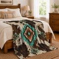 thumbnail image 6 of Turquoise Stepped Diamonds Over Mottled spotted cattle pattern Spots, Soft Flannel Blanket with Rustic Southwestern Geometry Print, Housewarming Gift and Home Decor for Bedroom and Living Room, 6 of 7