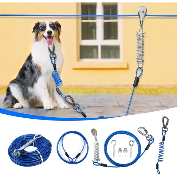 Libbipaw 50 ft Double Shock Absorption System Dog Runner Trolley System with Elastic Lead and Spring Cable, Up to 250 lb, Blue