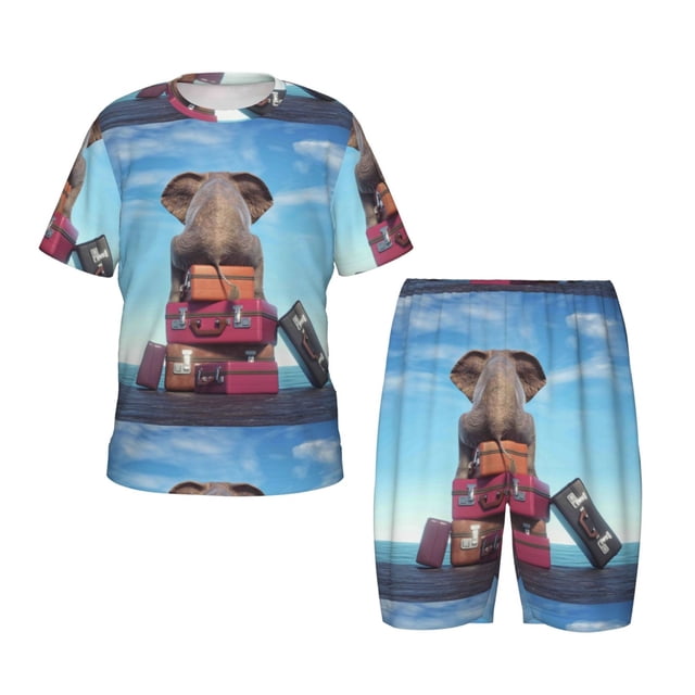 Fotbe Elephant Sits Pijama Estampada de 2 Piezas para Niños – Ropa de Dormir de Manga Corta Cómoda para Niños y Niñas, Camiseta y Shorts de Algodón-3X-Large