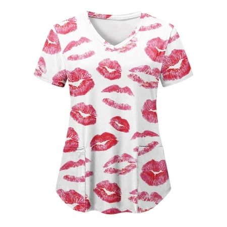 

Women Scrub_Top Working Uniform Blouse Short Sleeve V-Neck Workwear T-Shirt with Pocket Comfy Tops XXL