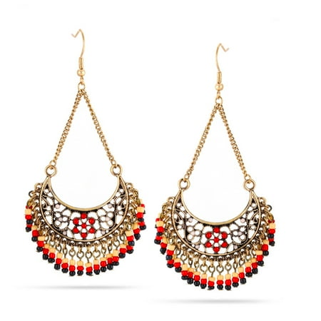 - TAZZA WOMEN'S OXIDIZED ANTIQUE LOOK VINTAGE GOLD-TONE FILIGREE BLACK AND CORAL BEADS DROP EARRINGS #SQ6062596-51