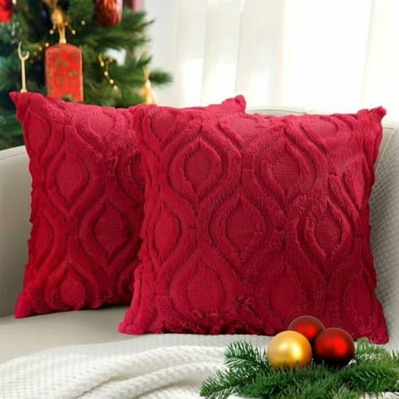 Christmas Throw Pillow Covers 22x22 Inch Set of 2, Soft Plush Faux Wool Red Solid Couch Pillow Covers, Accent Farmhouse Neutral Square Pillow Cases for Sofa Bed Living Room