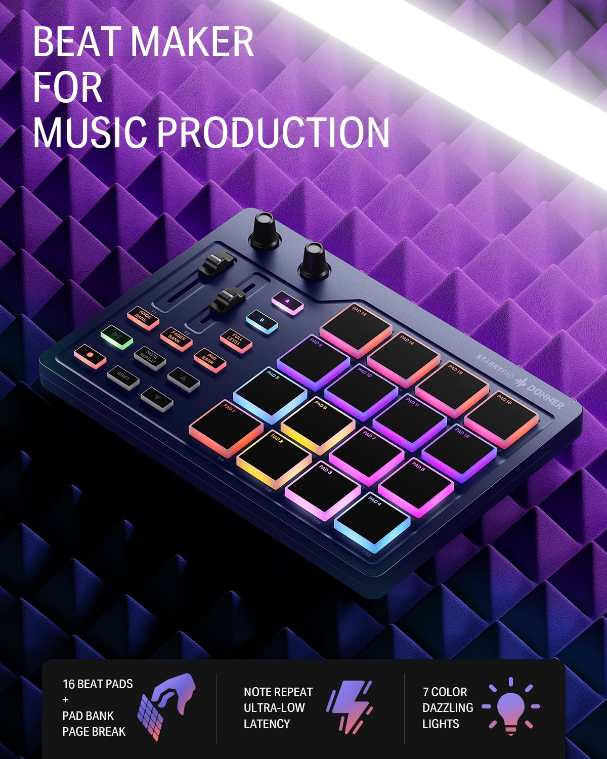 Donner STARRYPAD Professional MIDI Pad Beat Maker Machine with 16 Beat Pads, Melodics Lessons, Navy Blue