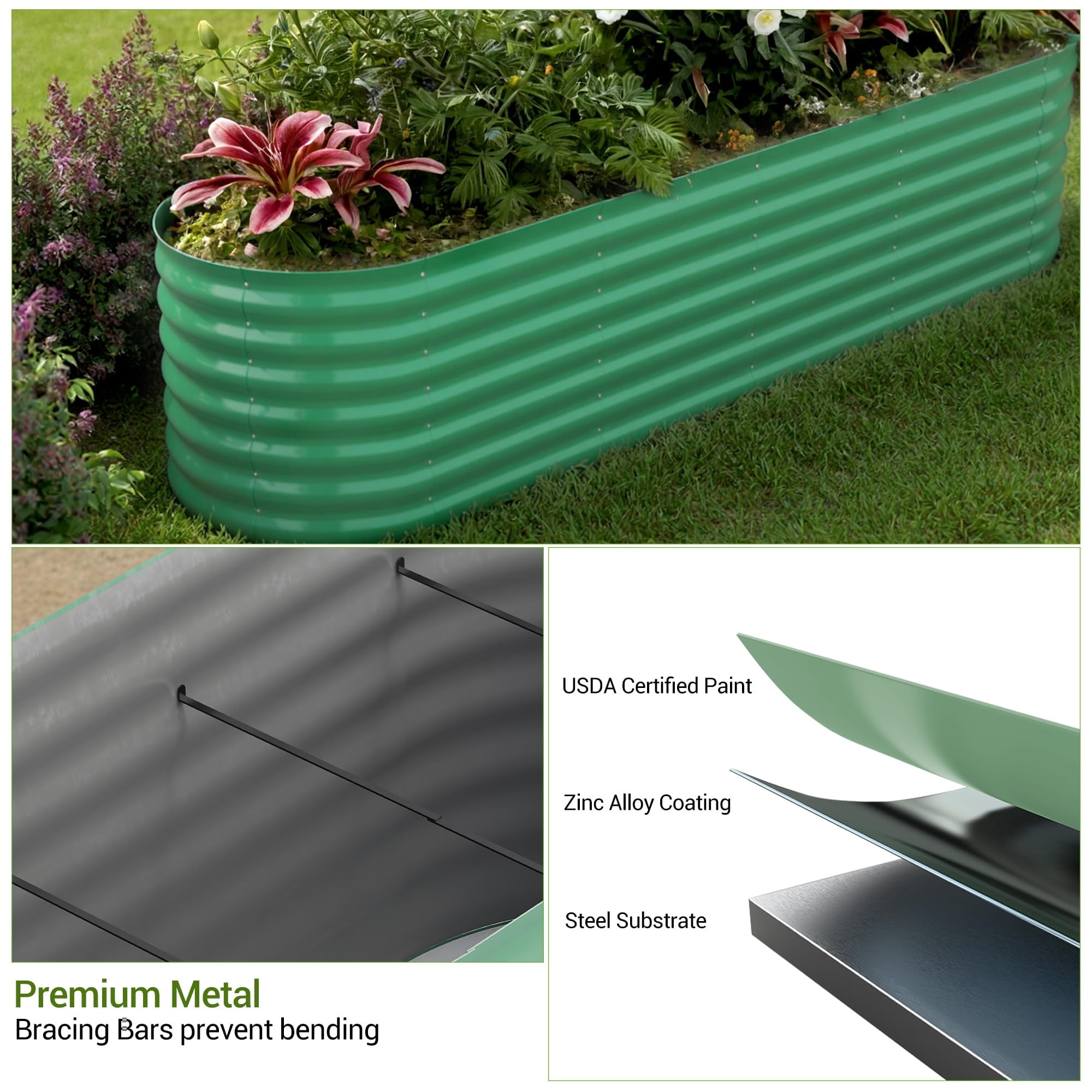 Multi-Size Galvanized Raised Garden Bed – 18-24" Tall Metal Planter Box for Vegetables, Flowers & Herbs, Rust-Resistant, Easy Assembly, Ideal for Lawn, Courtyard, Patio – Beige/Green