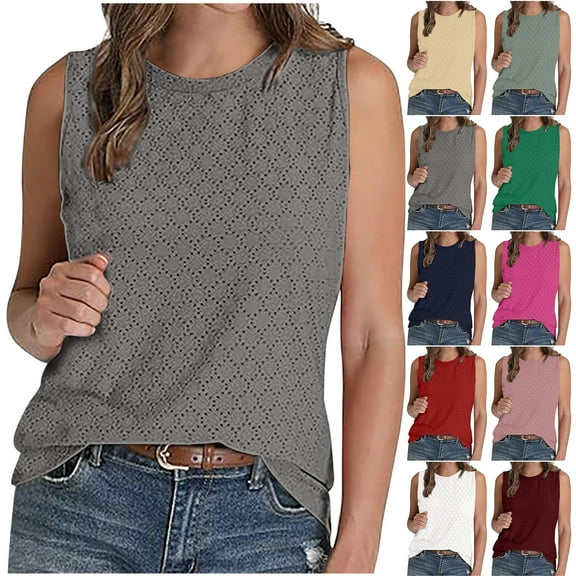 Otntypg Womens Tank Tops Lace Eyelet Knit Loose Casual Summer Flowy Tops Crew Neck Basic Sleeveless Hollow out Shirts Trendy Outfit 2025 Army Green L