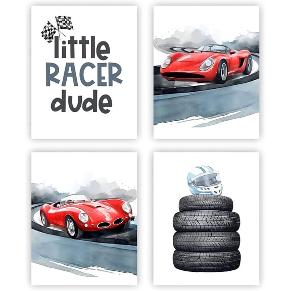 Race Car Wall Art Boys Room Decor, Little Racer Dude Prints, Watercolor Red Sports Car Racing Helmet Tires Canvas Posters for Children's Room Nursery Decor, Set of 4 (8x10 inch Unframed)